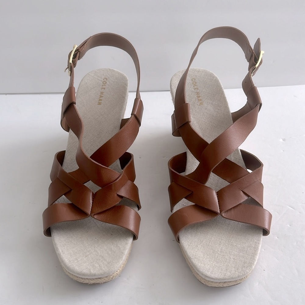COLE HAAN $150 Women’s Crystal Brown Espadrille Wedge Sandals Size 9 New - Picture 6 of 8